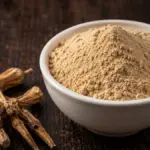 white bowl of pure chicory root powder on a wooden table