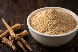 white bowl of pure chicory root powder on a wooden table