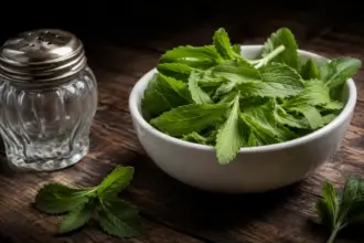 white bowl of raw stevia leaves on a wooden table adf