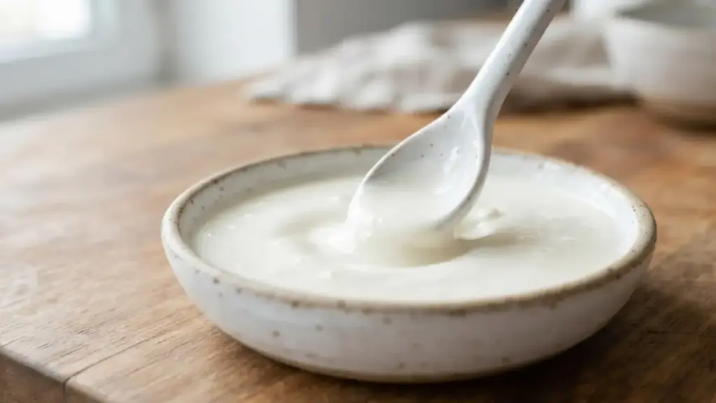 white-heavy-cream-scooped-with-a-ceramic-spoon-on-a-counter