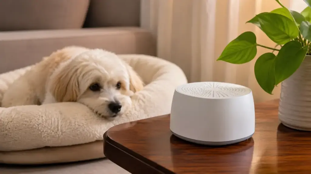 white-noise-sound-machine-running-on-a-table-to-mask-hallway-footsteps