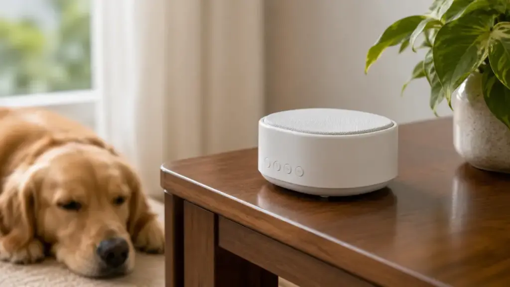 white-noise-sound-machine-running-on-a-table-to-mask-hallway-footsteps
