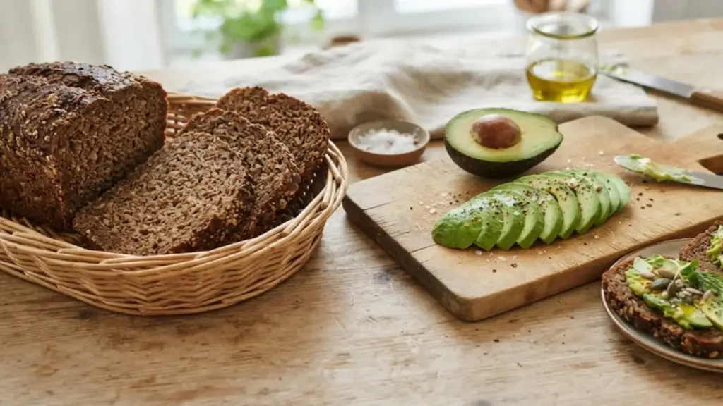 whole-grain-dark-rye-bread-and-sliced-avocados-on-a-cutting-board
