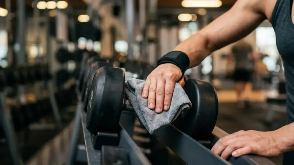 wiping-a-metal-dumbbell-with-a-clean-white-cloth
