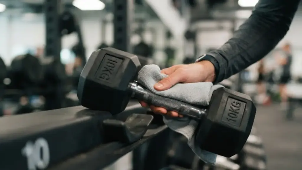 wiping-a-metal-dumbbell-with-a-clean-white-cloth-thecouch