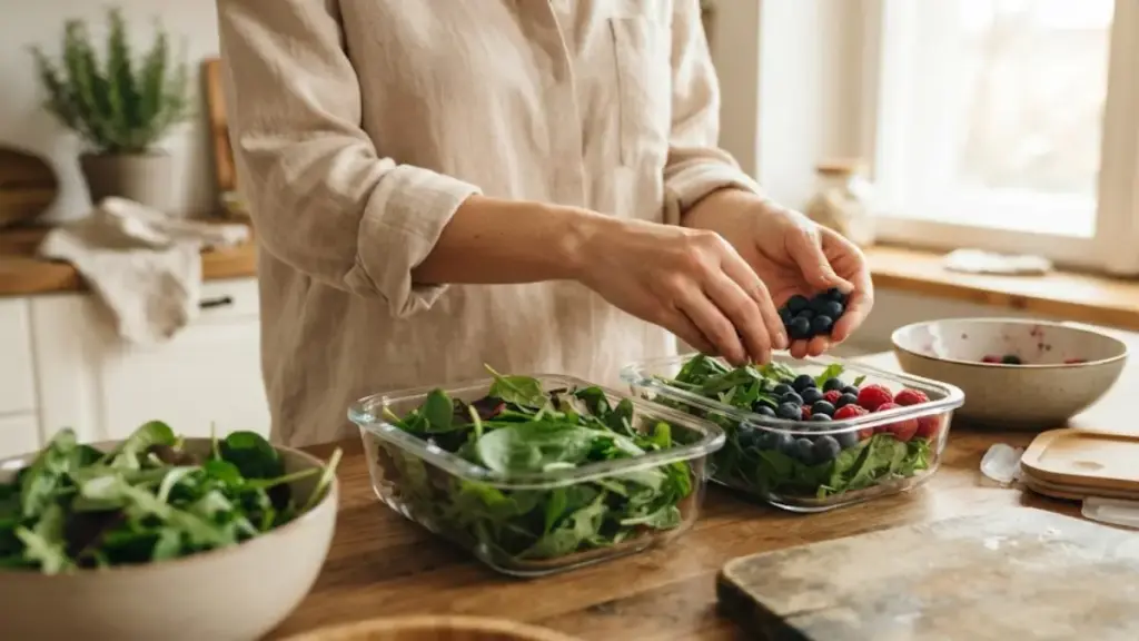woman-arranging-fresh-vegetables-and-berries-in-glass-containers