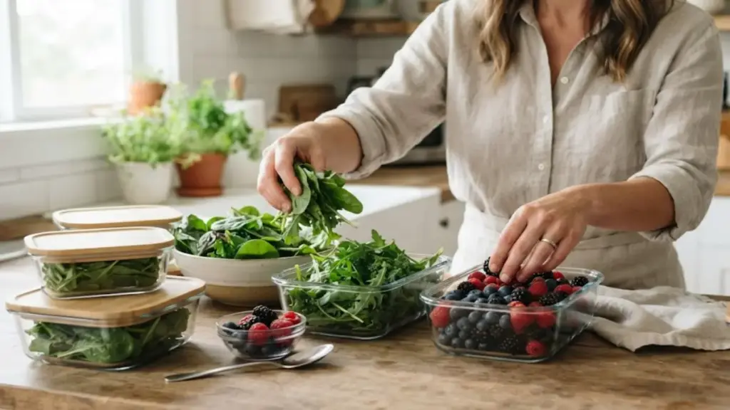 woman-arranging-fresh-vegetables-and-berries-in-glass-containers-adf