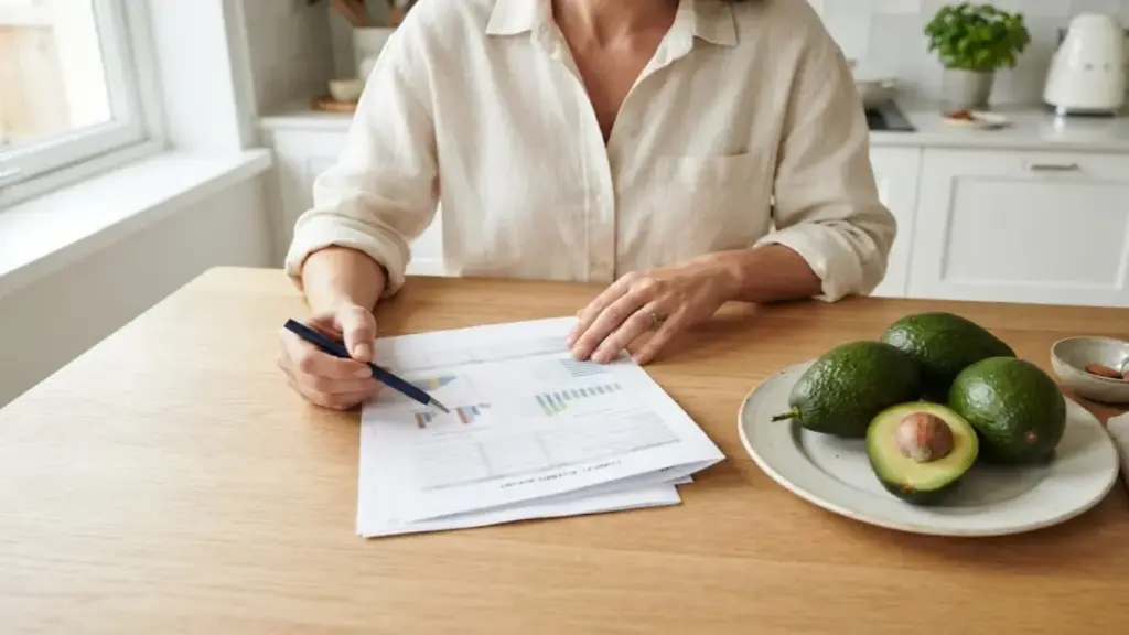 woman-review-nutritional-charts-next-to-fresh-avocados-adf