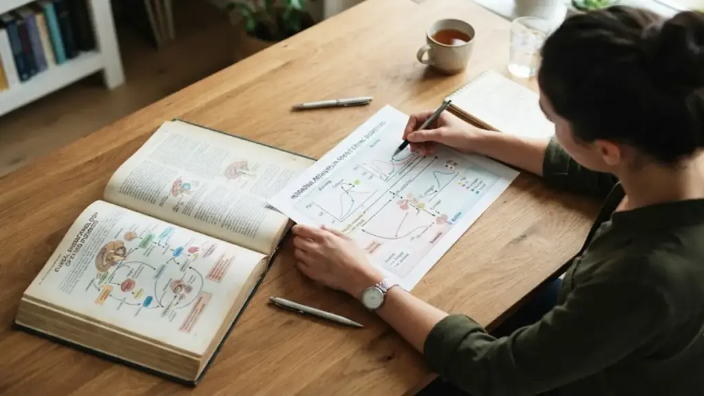 woman-reviewing-a-clinical-endocrine-chart-next-to-a-manual
