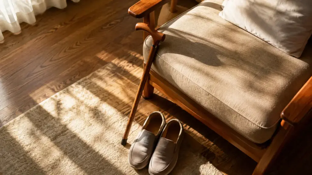 wooden-cane-and-slip-on-shoes-beside-armchair-weekly-exercise