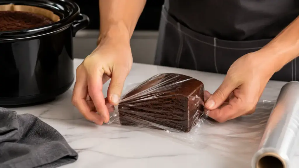 wrapping-a-slice-of-chocolate-fudge-cake-firmly-in-clear-plastic-film