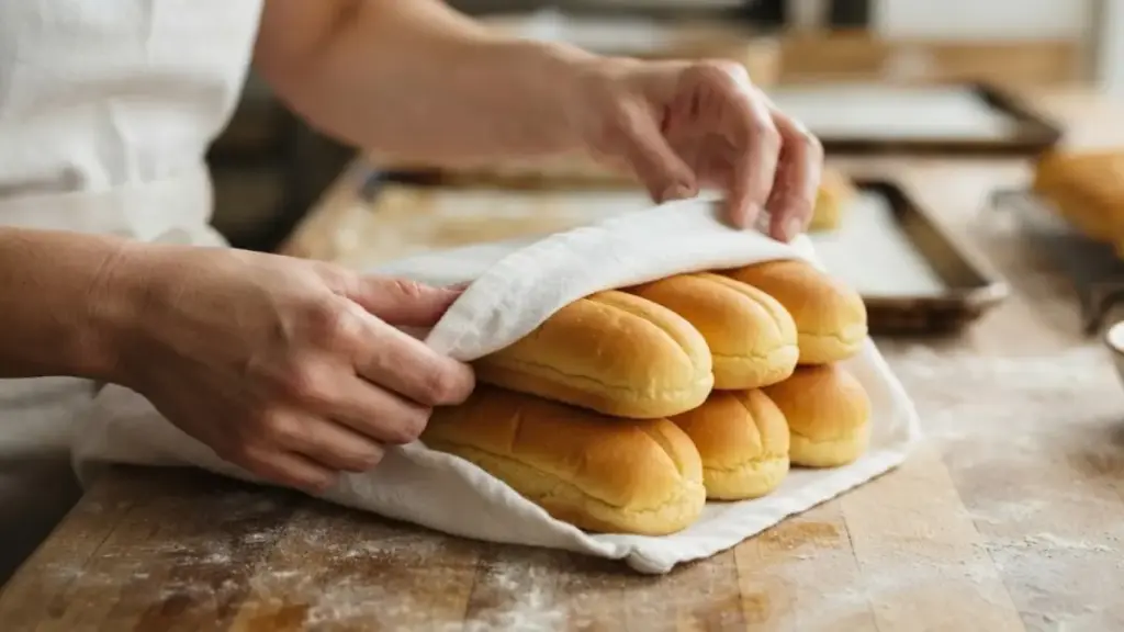 wrapping-freshly-baked-hot-dog-rolls-in-a-clean-white-cloth