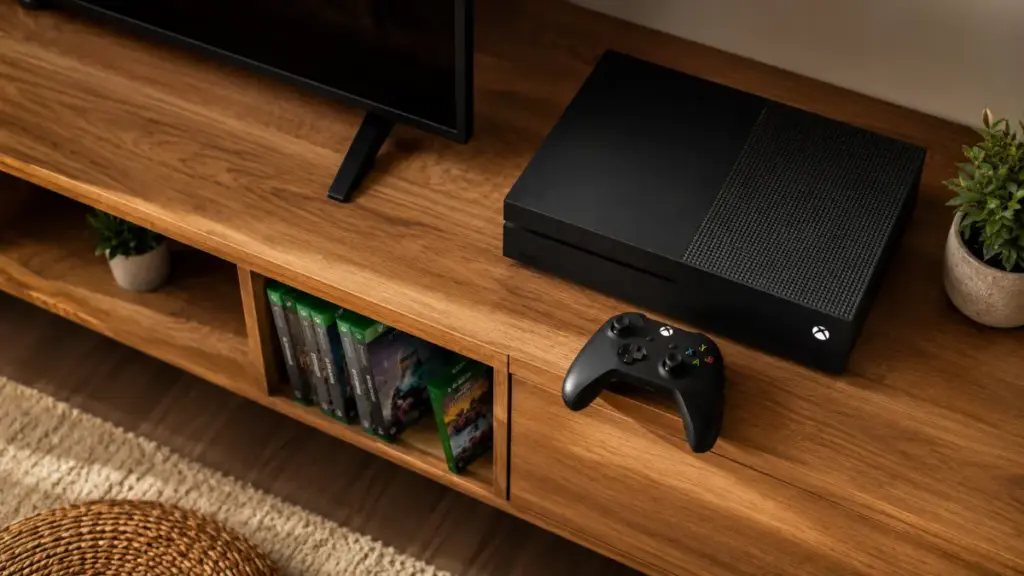xbox-console-beside-physical-game-cases-on-tv-stand-for-xbox-game-pass
