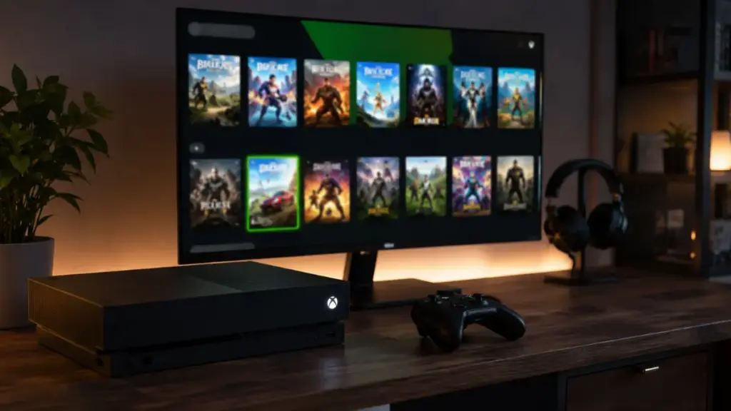 xbox console desk setup displaying digital subscription menu