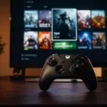 xbox controller on desk in front of game library screen