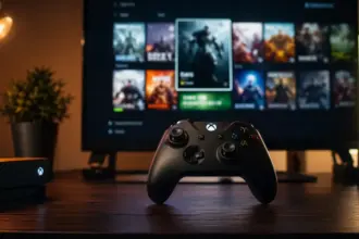 xbox controller on desk in front of game library screen