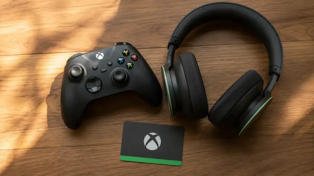 xbox-wireless-controller-headset-and-subscription-card-flatlay-for-xbox-game-pass-essential
