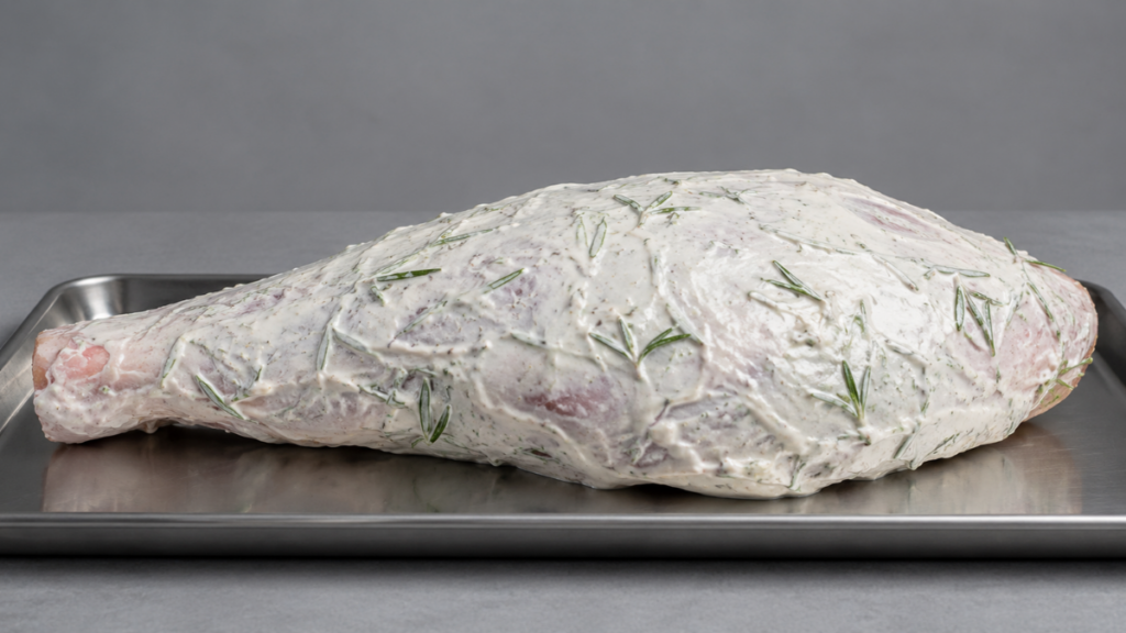 Yogurt marinated boneless leg of lamb completing preparation alongside the 4 must-have foods for an outdoor cookout selection