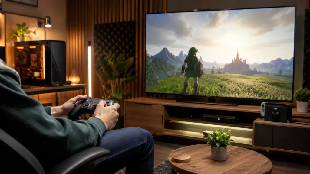 young-gamer-using-wireless-controller-in-studio-for-ocarina-of-time-remake

