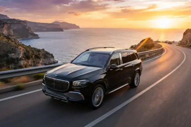 A Maybach GLS driving on a coastal road during sunset showcasing its luxury design
