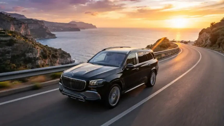 A Maybach GLS driving on a coastal road during sunset showcasing its luxury design