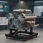 A scientific engineering display featuring the complex mechanical components of a V12 Mercedes Maybach engine block