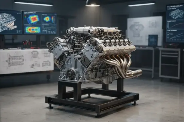 A scientific engineering display featuring the complex mechanical components of a V12 Mercedes Maybach engine block