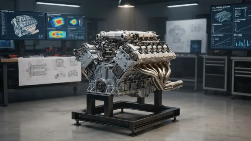 A scientific engineering display featuring the complex mechanical components of a V12 Mercedes Maybach engine block