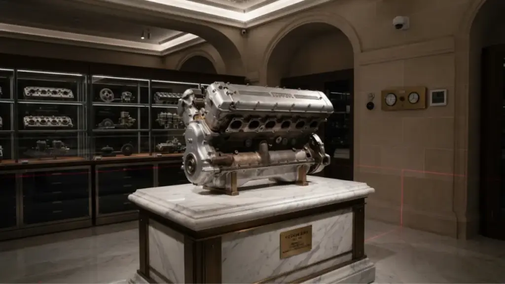 Archival vault displaying a pristine Mercedes Maybach V12 engine as a preserved historical artifact