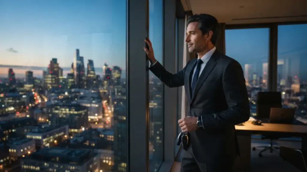 Businessman contemplating luxury vehicle ownership while holding car keys