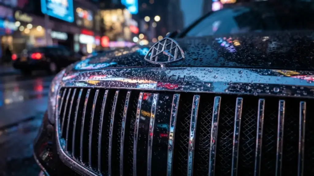 Close-up of the Maybach GLS badge and front grille in an urban setting.