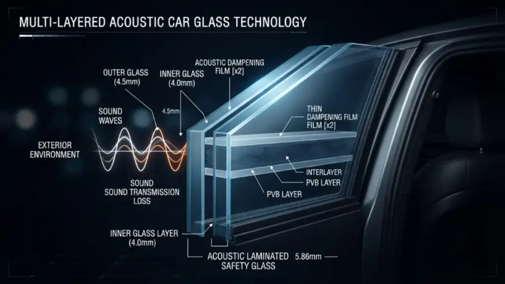 Detailed cross-section of multi-layer acoustic glass for luxury vehicles