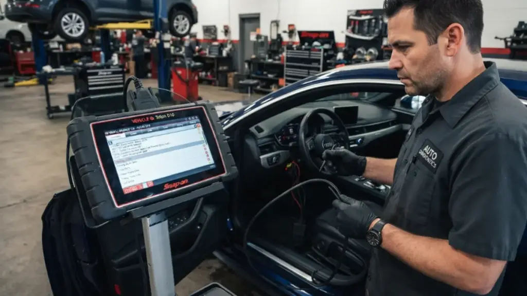Technician installing acoustic insulation in the door panel of a Maybach GLS.Detailed cross-section of multi-layer acoustic glass for luxury vehicles