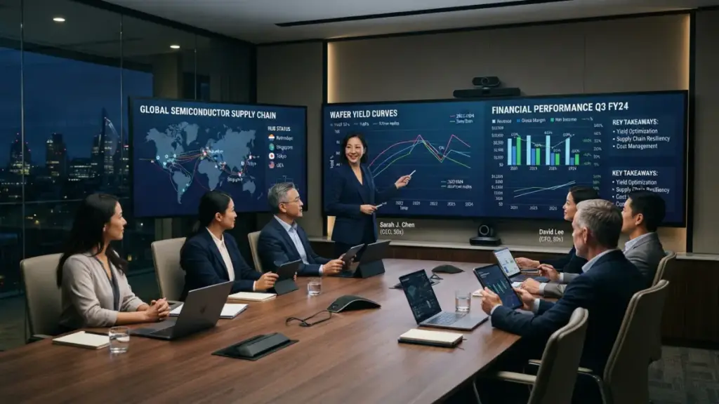 Executive planning meeting discussing global intel chip manufacturing capital allocations
