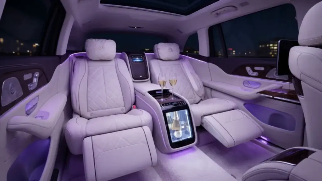 Executive rear seating inside the Maybach GLS with ambient lighting and luxury amenities.