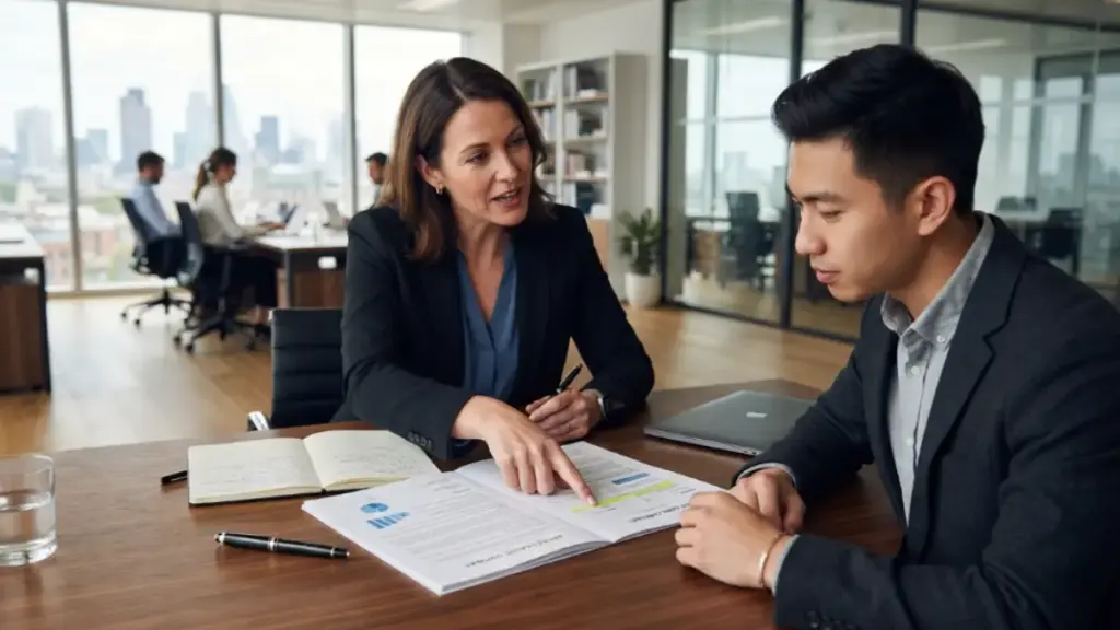 Financial advisor reviewing a car leasing contract with a client