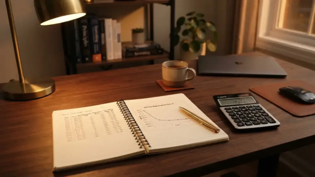 Financial documents and calculator focused on luxury vehicle depreciation analysis
