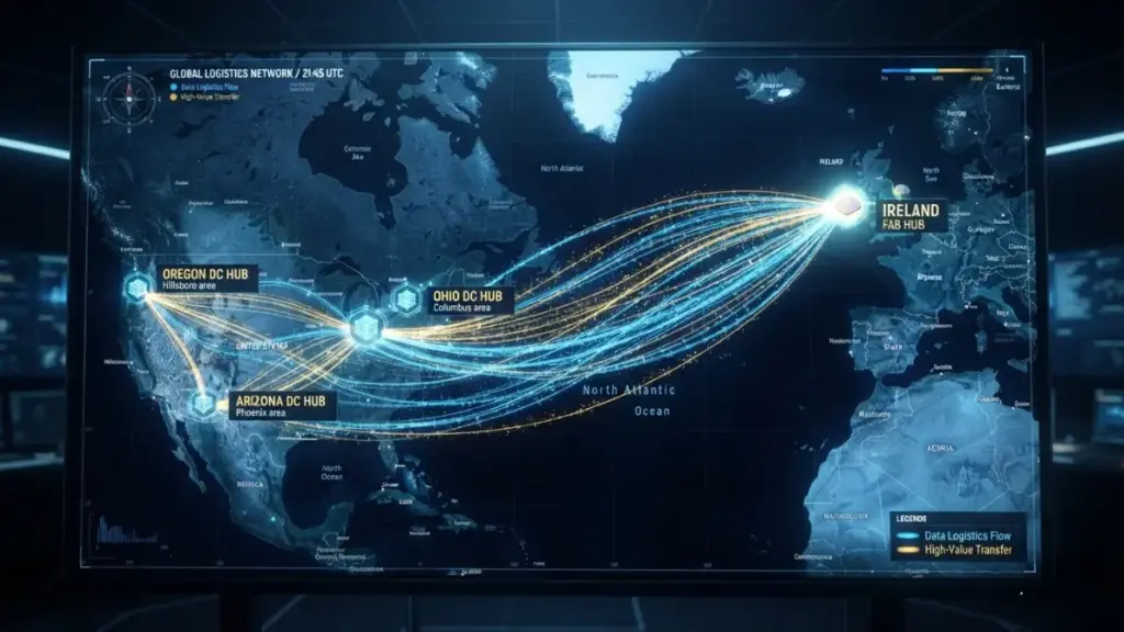 Global supply chain routing for intel chip manufacturing across Europe and the United States