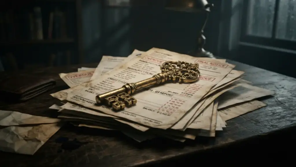 Gold car key resting on financial depreciation documents.