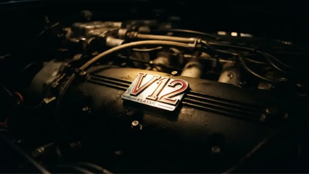 Golden V12 emblem highlighted in darkness representing the immortal legacy of a Mercedes Maybach