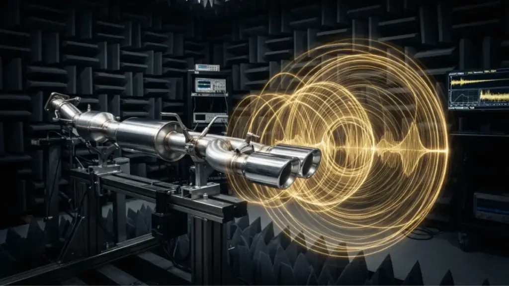 Golden acoustic frequency waves representing the sound engineering of a Mercedes Maybach V12 engine