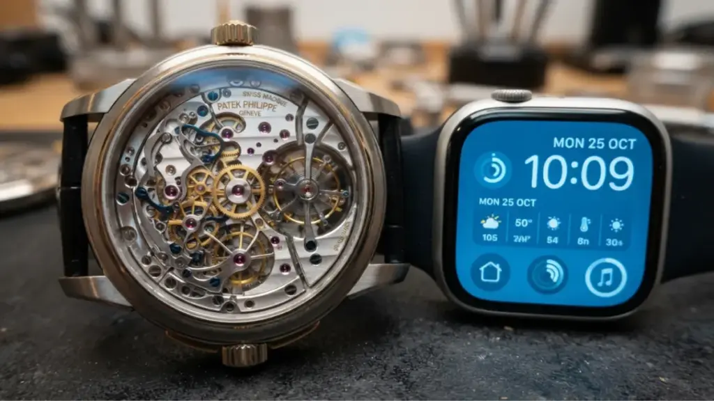 Macro shot comparing mechanical watch gears to a digital screen representing the Mercedes Maybach philosophy