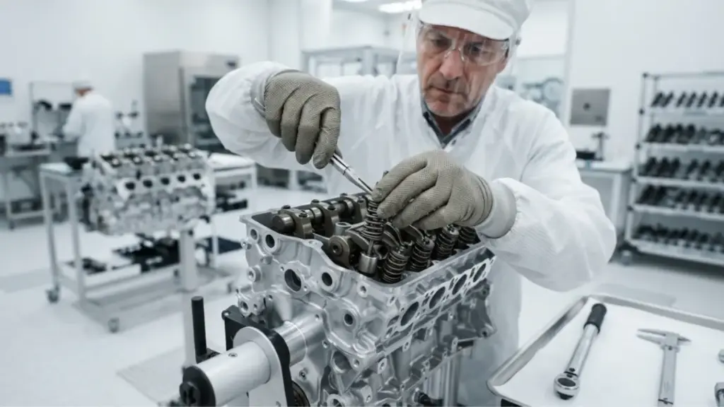  Master technician hand assembling a complex Mercedes Maybach V12 engine block in a cleanroom]