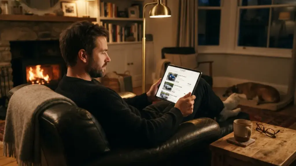 Person browsing pre-owned luxury car listings on a digital tablet