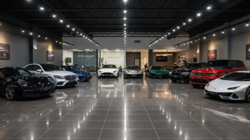 Pre-owned luxury showroom displaying high-end vehicles like the Maybach GLS