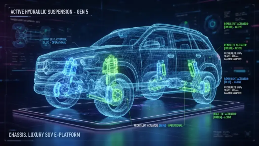 Wireframe graphic showing the active suspension system of the Maybach GLS.
