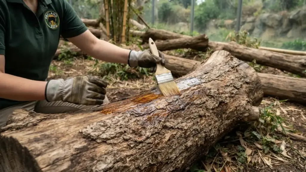 applying-natural-pine-oil-to-a-log-in-a-tiger-habitat-at-oakland-zoo