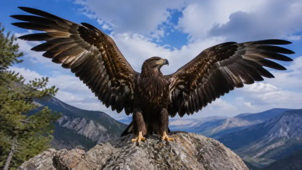 bald-eagle-hybrid-juvenile-stretching-wings-on-rock