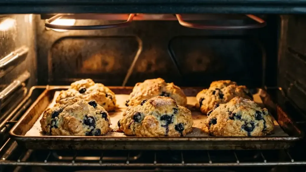 blueberry-scones-baking-inside-hot-oven-rack