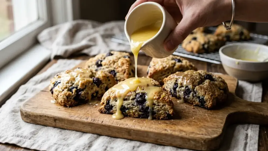 blueberry-scones-drizzling-glossy-lemon-glaze-topping
